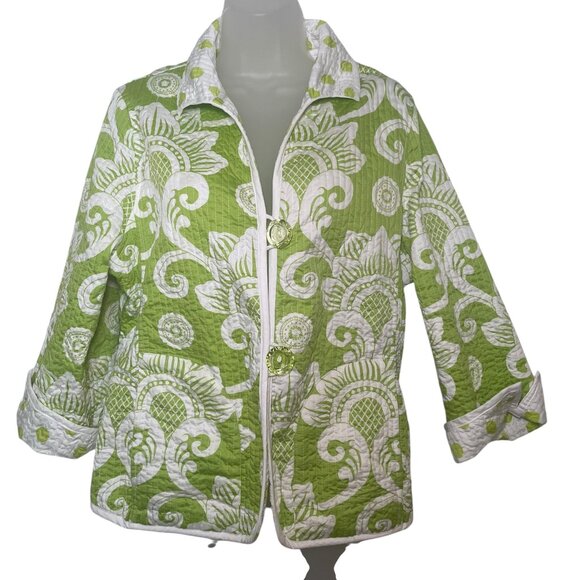 Patty Kim Quilted Jacket Size Large Green White Cotton Floral w/ Polka Dot Cuffs - Picture 4 of 8